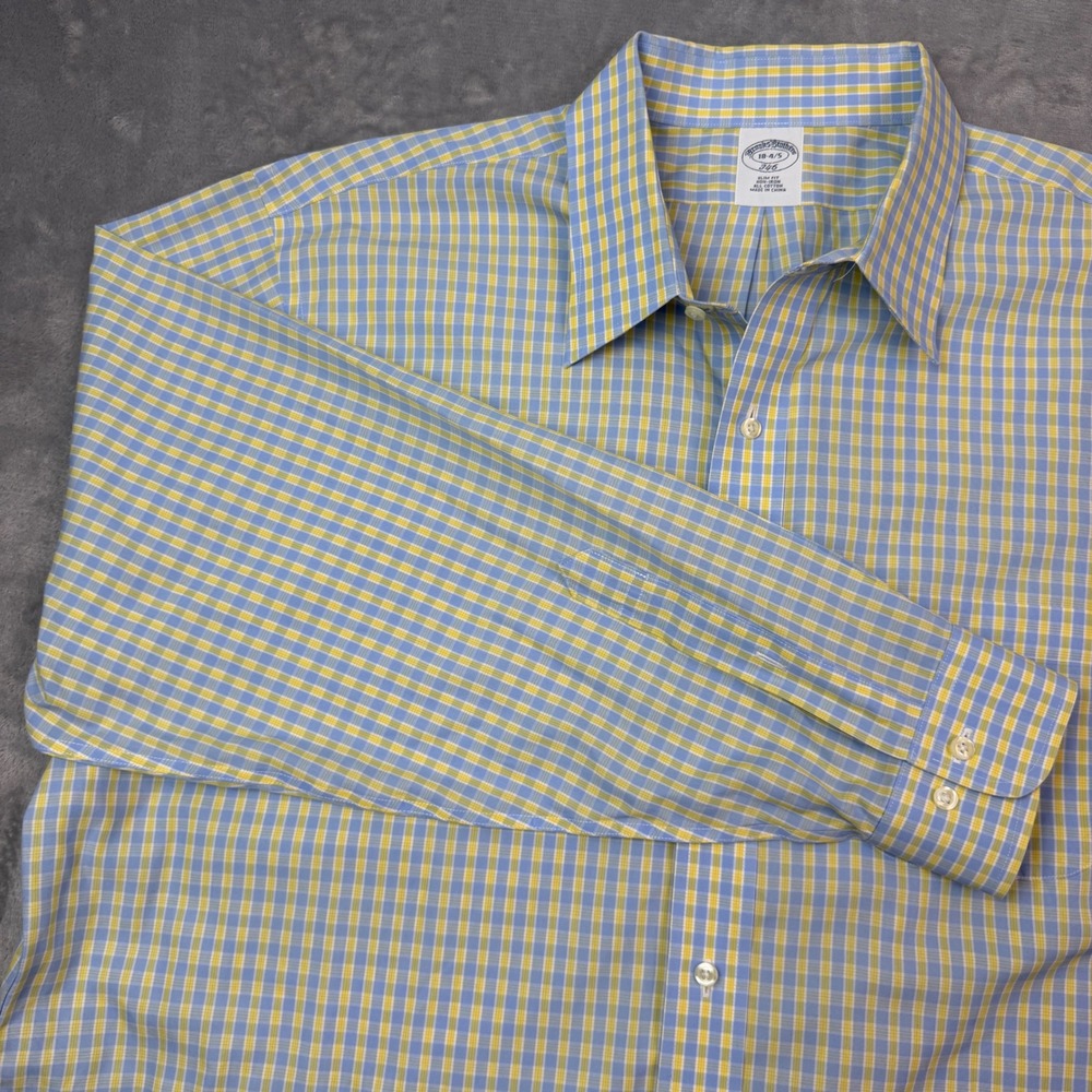 Brooks Brothers 346 Shirt Mens 18 4/5 Plaid Slim Non-Iron Preppy Casual Business